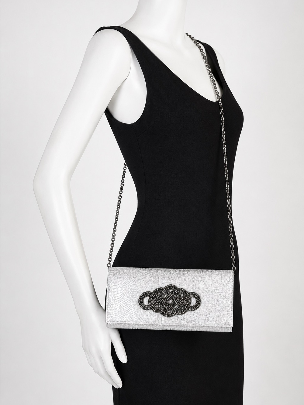 GIANNI BINI Silver Tone Chain Strap Snakeskin Purse Clutch Dressy Evening